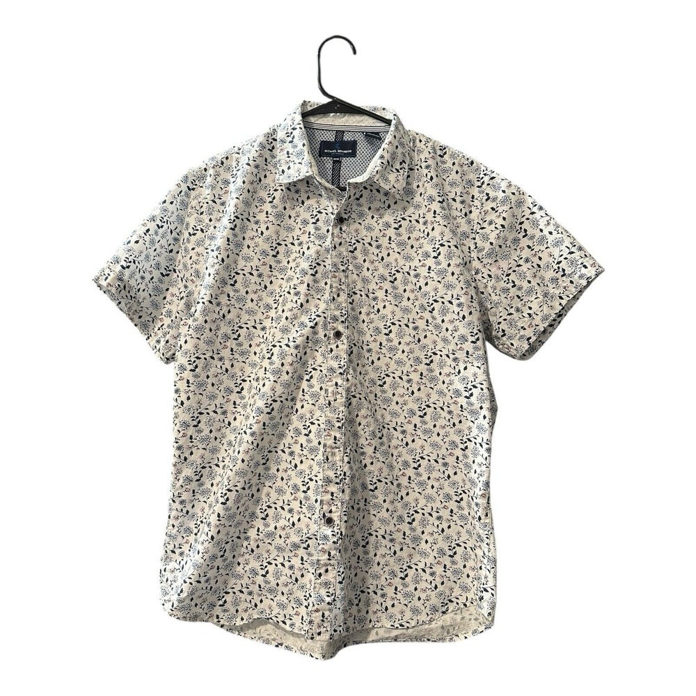 Michael Brandon Shirt Men's Medium White Patterned Short Sleeve Button Up EUC